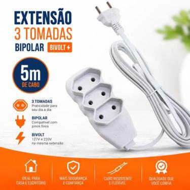 Imagem de Extensão Slim 3 Tomadas Bipolar Bivolt 5 Metros Branco - Force Line