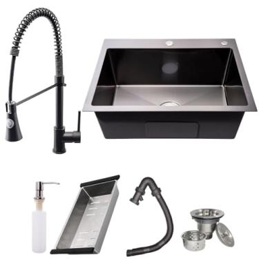 Imagem de Cuba Cozinha Quadrada Inox 304 Pia Preta Gourmet Completa Embutir ou Sobrepor 60x45 Tecnologia Anti Risco Nano PVD SOFTINOX — Kit Cuba com Torneira Monocomando 2 Jatos Bancada Inox Preta e Acessórios