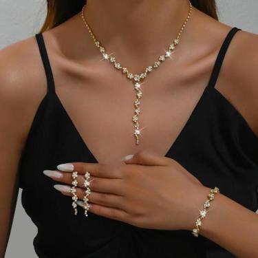 Imagem de Conjunto De Joias Femininas Com Strass 4 Peças: Colar, Pulseira E Brin