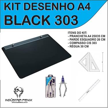 Imagem de Kit Desenho Técnico Prancheta Engenharia Arquitetura Edificações a4 PRETO Par Esquadro 26 cm Compasso Cis 303 Regua 30