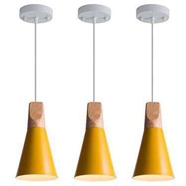 Imagem de Home-Neat Luminária Pendente Moderna, Pacote com 3 Luminária de Pingente de Madeira E27 Ø14CM para Cozinha, Sala de jantar, sala de estar (Amarelo)