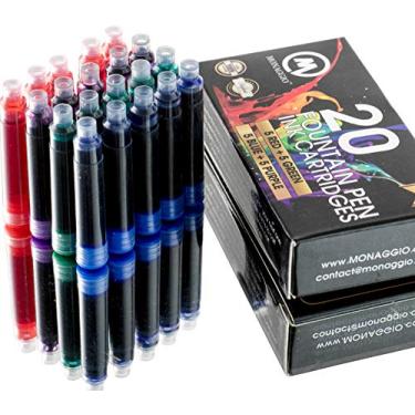 Imagem de MONAGGIO Cartuchos de tinta extra para a maioria das canetas-tinteiro: 20 cartuchos de recarga (5 vermelhos, 5 verdes, 5 azuis, 5 roxos) - caligrafia, estilo fonte, ponta fina, não tóxico