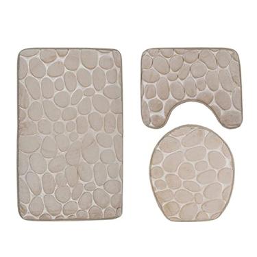 Imagem de 3 pçs/conjunto de tapete de banho de banheiro conjunto tapetes higiênicos de seixo antiderrapante capa de banheiro almofada de pé tapetes absorventes tapetes de banheiro decoração, camelo