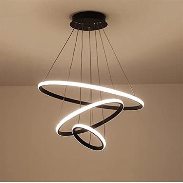Imagem de Lustre moderno 60 W lustre LED redondo mesa de jantar anel pingente luz 3 anéis regulável lustre de controle remoto sala de estar quarto altura ajustável luz suspensa preta 60+40+20cm [pt