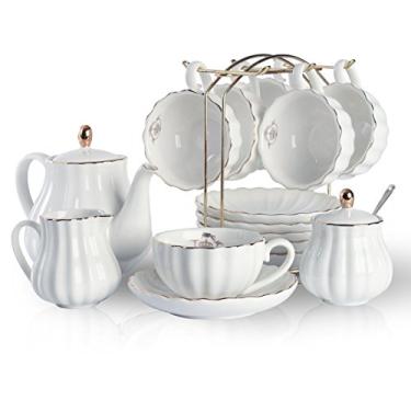 Imagem de Conjuntos de chá de porcelana da Série Royal Britânica, 227 ml de serviço de pires e copos para 6, com jarra de açúcar para chá e coador de chá para chá/café, Pukka Home, Branco, 1