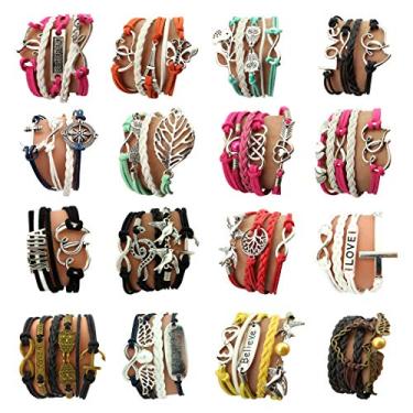 Imagem de OUR SUPER DEALS 16 peças Vintage Multicamadas Multicoloridas Liga de Couro Coruja Trançada Infinito Pulseiras, Medium, Couro