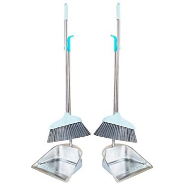 Imagem de Conjunto de 2 pá de lixo e vassoura – pá de poeira de 85 cm de comprimento para ambientes internos e externos, pás de lixo e vassouras para uso doméstico e externo