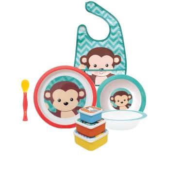 Imagem de Kit Refeição Bebê 2 Pratinhos Macaco, Conj 3 Potes e Babador