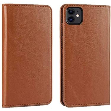 Imagem de KOSSMA Capa de telefone flip de couro legítimo, carteira de capa de telefone respirável à prova de choque com 3 compartimentos de cartão para Apple iPhone 12 (2020) 6,1 polegadas (cor: laranja)