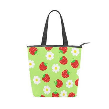 Imagem de Bolsa feminina durável de lona com flor de morango, bolsa de ombro para compras com grande capacidade