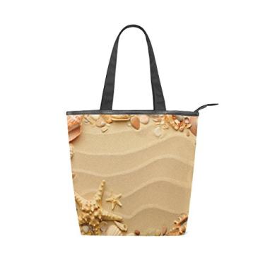 Imagem de Bolsa feminina durável de lona com conchas de mar areia grande capacidade sacola de compras bolsa de ombro