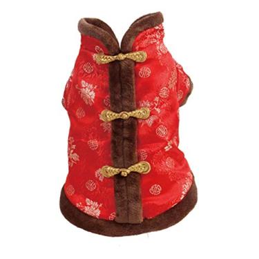 Imagem de SEIS Casaco de Ano Novo com Botões de Gato Cheongsam Roupas de Inverno para Animais de Estimação Colete da Dinastia Tang, Fantasia de Natal para Gatos, Bichon Pequeno Médio Cães (Marrom, P (Circunferência do Peito 45 cm)
