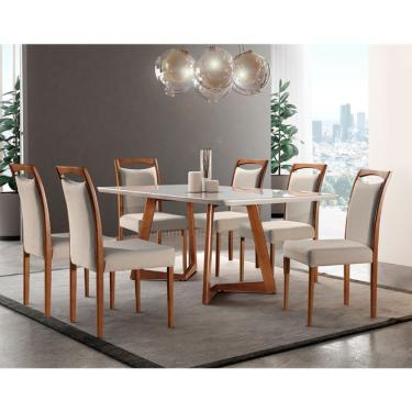 Imagem de Conjunto de Mesa de Jantar com 6 Cadeiras Lívia Linho Off White e Turim 200 cm