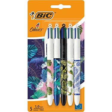 Imagem de BIC 4 cores multifuncionais, canetas esferográficas retráteis multicoloridas, média de 1,0 mm, verde, azul, vermelho, preto, pacote com 5
