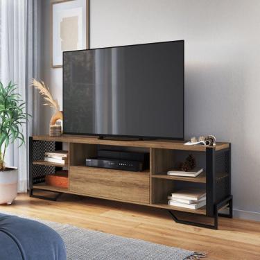 Imagem de Rack Para TV ate 60 Polegadas Estilo Industrial 180cm em MDP com 1 Gaveta e Laterais Teladas P1017 Preto Mel