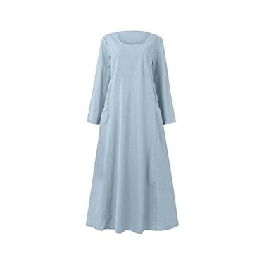 Imagem de UIFLQXX Vestido longo feminino plus size cor sólida manga longa gola redonda vestido longo com bolso algodão e linho praia, Azul, M