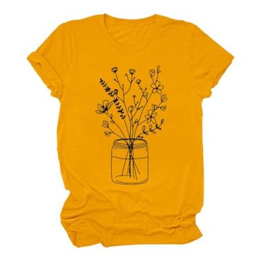 Imagem de Blusas femininas de verão grandes de manga curta com estampas para sair, blusas modernas de algodão, camisas soltas, túnica de festa, Amarelo, GG