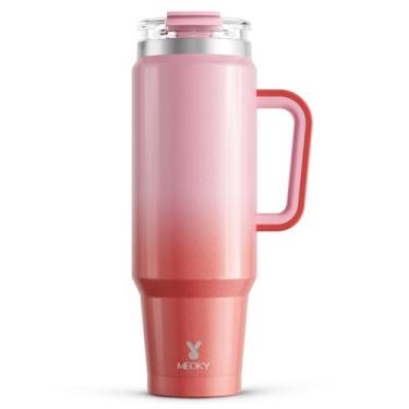 Imagem de Meoky Copo de 1,134 g com alça e canudo, copo isolado com tampa e canudo, caneca de viagem de aço inoxidável, mantém frio por 34 horas, 100% à prova de vazamento, cabe no suporte de copo de carro