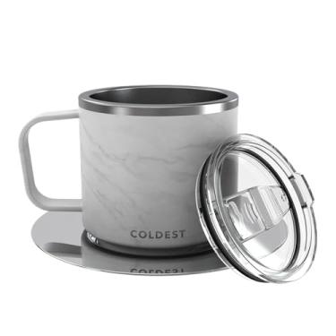 Imagem de Copo de café expresso isolado empilhável com pires da Coldest - Caneca de café expresso de aço inoxidável para viagem de parede tripla isolada com tampa deslizante (118 ml, mármore Carrara)