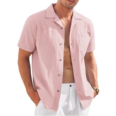 Imagem de COOFANDY Camisa masculina casual de linho de algodão manga curta abotoada verão praia top, rosa, P
