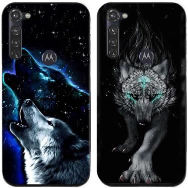 Imagem de 2 peças coruja lobo leão tigre gato pilha golfinhos pug husky cão dinossauro panda capa de telefone traseira gel TPU para Motorola One Fusion+ (Wolf)