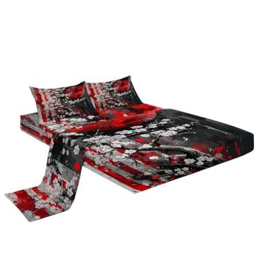 Imagem de Jogo de lençol macio estilo japonês vermelho e design floral – Lençóis de cama confortáveis para cama de solteiro, lençóis de microfibra com bolso profundo, lençóis de cama e fronhas respiráveis