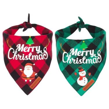 Imagem de ADOGGYGO Pacote com 2 bandanas para cães, xadrez, clássico, cachecol triangular, lenço de Natal, boneco de neve, bandana para cães médios e grandes (Natal-1, grande)