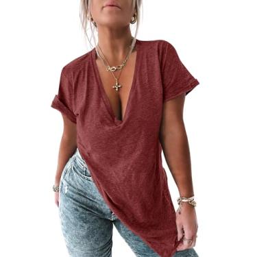 Imagem de Tankaneo Camiseta feminina de manga curta com decote em V profundo e fenda lateral grande para o verão, Vinho tinto 1, XXG