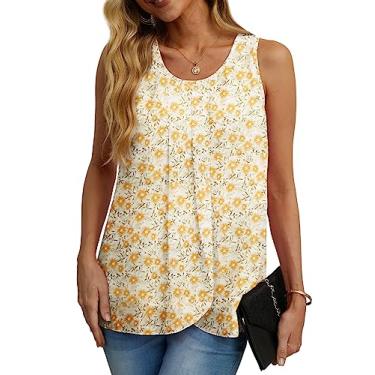 Imagem de IWOLLENCE Blusa feminina de verão, sem mangas, de chiffon, com duas camadas, solta, gola redonda, camisas casuais, 14 flores, amarelo, 3G