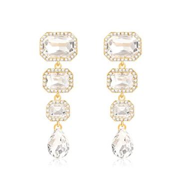 Imagem de Met-edianger Brincos pendentes vintage de strass com pingente de cristal brincos retangulares de lágrima para mulheres e meninas, Zinco Aço inoxidável, Strass