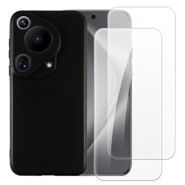 Imagem de Shantime Capa compatível com Huawei Pura 70 Ultra 5G + [pacote com 2] película de vidro temperado - silicone TPU flexível macio para Huawei Pura 70 Ultra 5G (6,8 polegadas) (preto)
