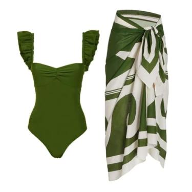 Imagem de OLEMEK Maiô feminino de 2 peças, maiô de praia com estampa floral, biquíni tropical com saia envolvente, Verde escuro, M