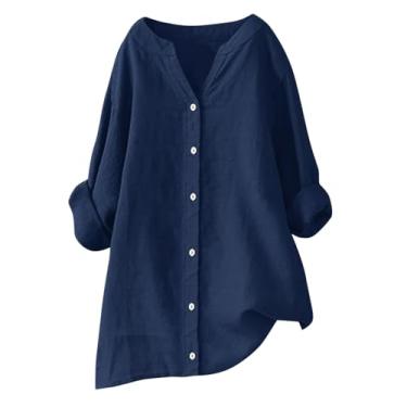 Imagem de Lainuyoah Camisas de trabalho casuais para mulheres, camisas elegantes de manga comprida, blusas grandes de linho com botões e gola em V, A - azul-marinho, 3G