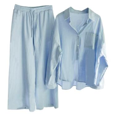 Imagem de Beralst Conjunto feminino de 2 peças, camisa de botão de linho + calça de treino de perna larga, Azul claro, G