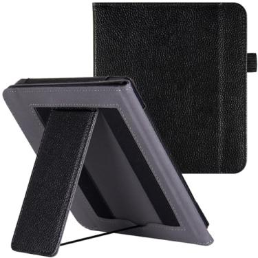 Imagem de LaoShuSheng Capa com suporte para 17.8 cm Kobo Libra Color (modelo N428)/Kobo Libra 2 / H2O (modelo N418 / N873) - capa fólio de couro PU com duas alças de mão e hibernar/despertar automático (preto