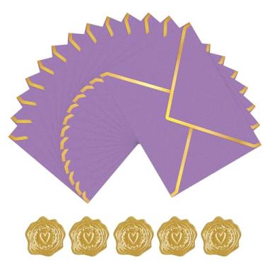 Imagem de AVERZELLA Pacote com 60 envelopes dourados, 12 x 17 cm, roxo, 250 g, cartolina perolada, envelopes A7 para convites, envelope de negócios com borda dourada, envelope A6 de 10 x 15 cm para cartões de
