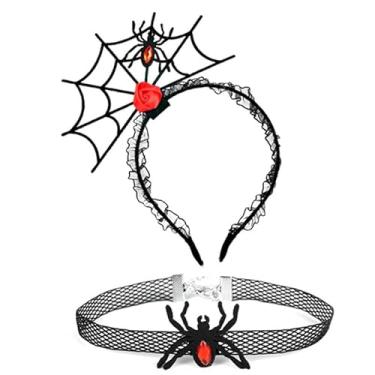 Imagem de Fantasia de Halloween Aranha Flor Vermelha Tiara Gargantilha Colar para Mulheres Meninas Halloween Aranha Conjunto de Joias Argola de Cabelo para Lembranças de Festa de Halloween Touca Cosplay