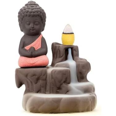 Imagem de Queimador de incenso feito à mão com cascata de cerâmica | com 8 cones de incenso | Suporte de estátua de Buda incenso zen queimador de refluxo para decoração de casa (laranja)