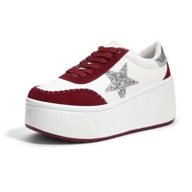 Imagem de LUCKY STEP Tênis feminino plataforma, grosso, moderno, com glitter, cunha, brilhante, salto alto, casual, brilhante, sola grossa, Vermelho/branco., 35
