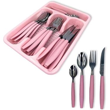Imagem de "Jogo de Talheres Faqueiro Aço Inox 24 Peças com Gaveteiro – Conjunto Completo para Jantar, Rosa – Elegante e Durável"