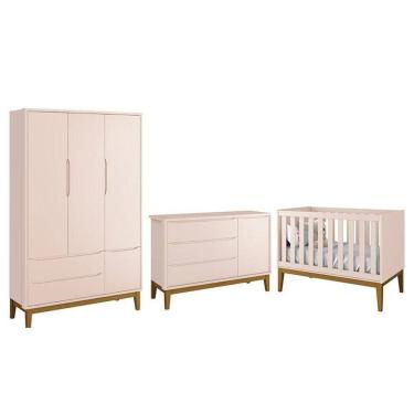Imagem de Dormitório Infantil Classic 3 Portas, Cômoda 1 Porta E Berço Rosa Fosco Com Pés Amadeirado - Reller Móveis Rosa Fosco