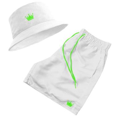 Imagem de Short Praia + Chapeu Bucket Hat Masculino Branco Cordao Verde - MP Mod