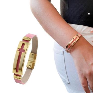Imagem de Pulseira Couro Feminina Magnética Dourada Crucifixo Rosa - GRANADO ACE
