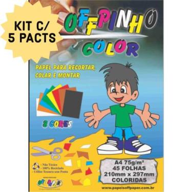 Imagem de Kit 5 Pacotes de 45 Folhas Papel Colorido OffPinho A4 75g 8 Cores OFF 