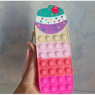 Imagem de Estojo Escolar de Silicone Pop It Menina Unicórnio Cupcake Rosa Estojo