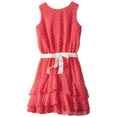 Imagem de Blush by Us Angels Vestido Dobby de bolinhas para meninas grandes com bainha em camadas, Coral, 12