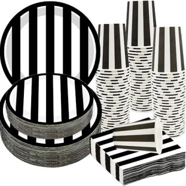 Imagem de Conjunto de utensílios de mesa preto e branco listrado preto e branco com 100 peças de pratos de papel preto e branco de 23 cm e 18 cm para chá de bebê, decoração de aniversário preto e branco,