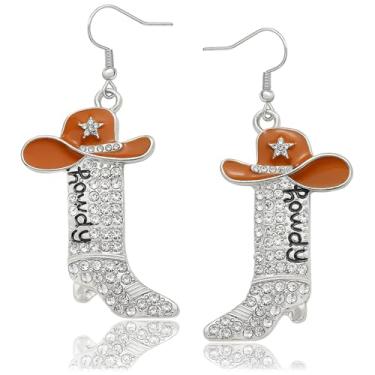 Imagem de Brincos femininos de vaqueira de strass com glitter, letra de Howdy ocidental, brincos de chapéu esmaltado de caubói com estrela brilhante, rodeio country, roupas de festa de concerto, joias, Zinco,
