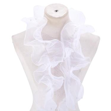 Imagem de HOBBIESAY Fita de renda de organza com acabamento de pérola de 2 m de largura com 16 cm de largura, fita de tecido plissada, enfeites de chiffon para costura, artesanato, casamento, vestido de noiva,