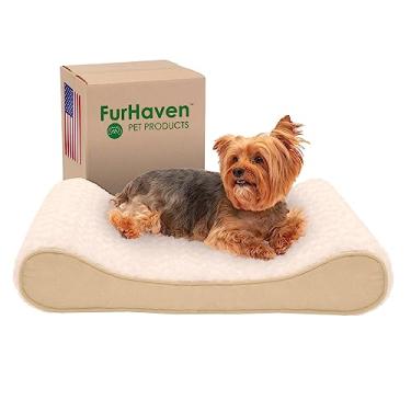 Imagem de Furhaven Cama para animais de estimação de espuma viscoelástica para cães e gatos – Luxe Lounger ultra felpudo com contorno de pele encaracolada e capa removível lavável, creme, médio